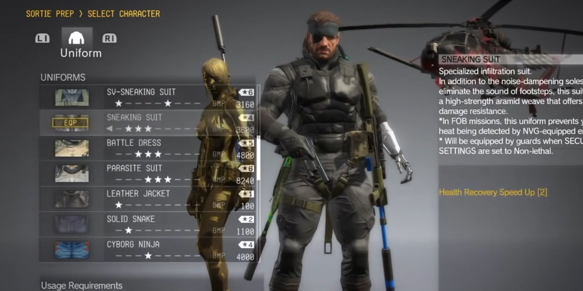 Metal Gear Solid Sneaking Suit. Snake outfit screen.
