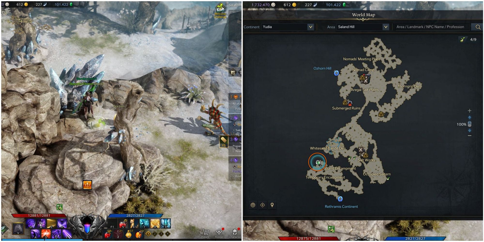 Split image of a player standing beside Mokoko Seed in rocky desert and map of Saland Hill