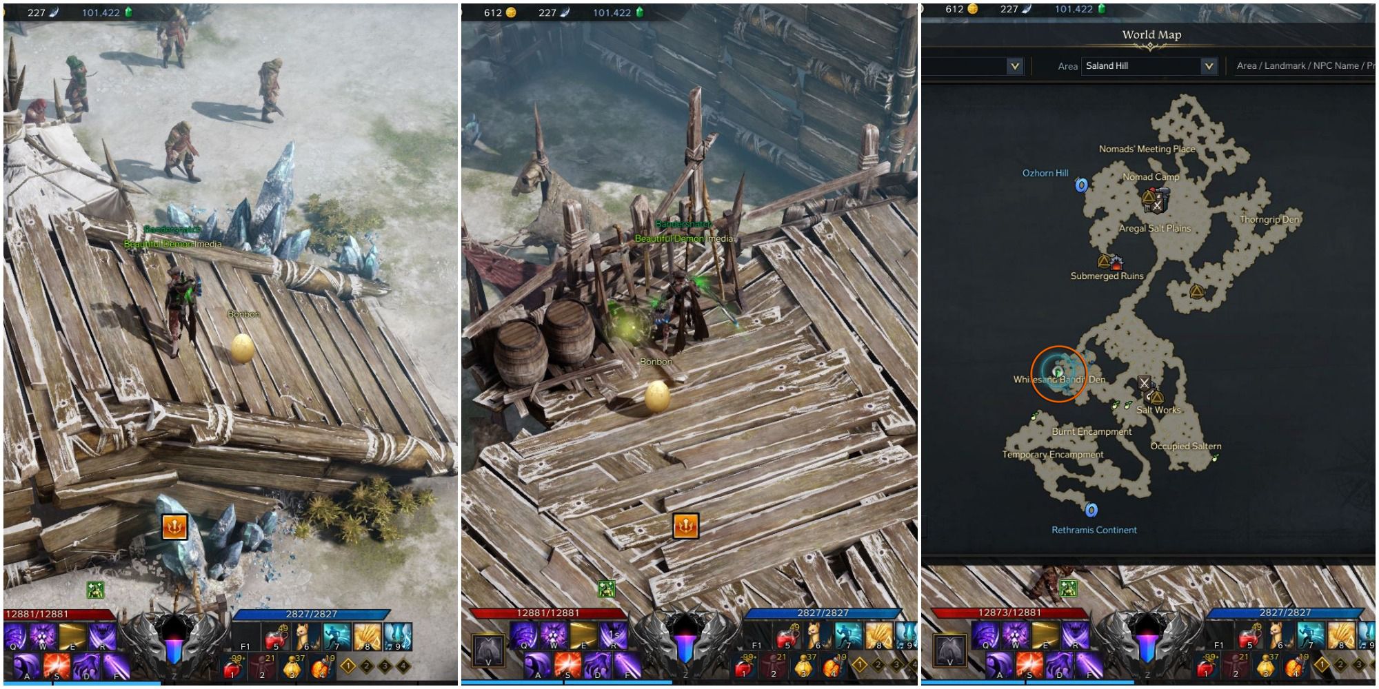 A split image of a player on a wooden ramp, a player beside a Mokoko seed on a wooden deck, and a map of Saland Hill