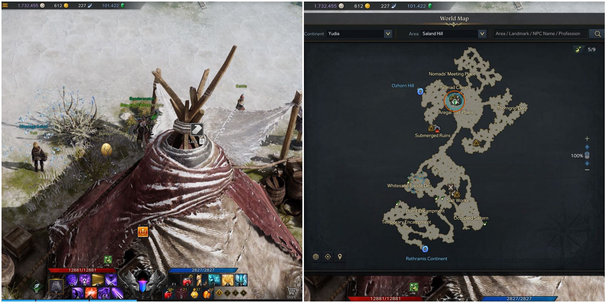 A split image of a player standing beside a tent in Nomad Camp and a map of Saland Hill