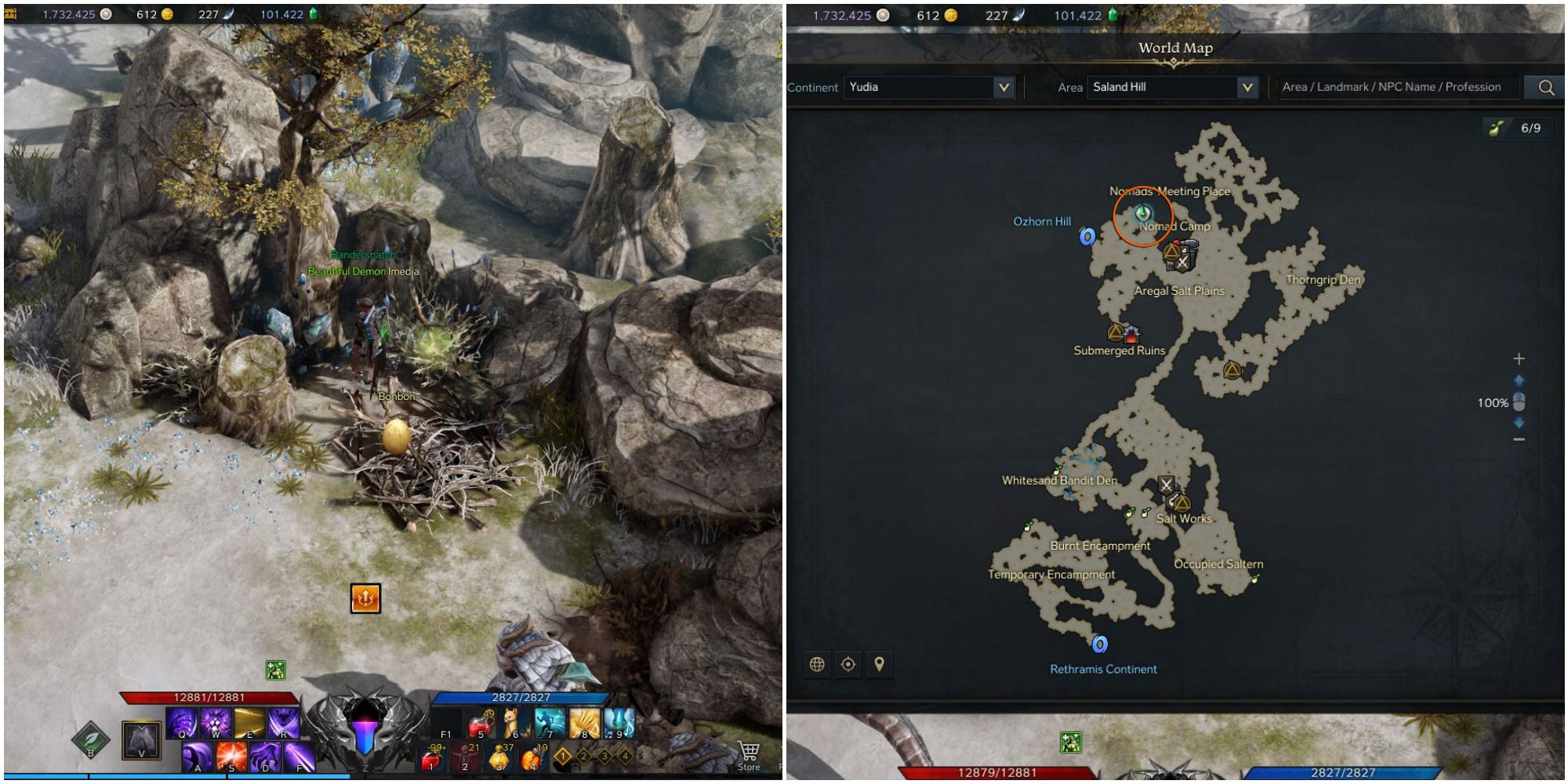 A split image of a player standing beside a Mokoko Seed in a nest and a map of Saland Hill