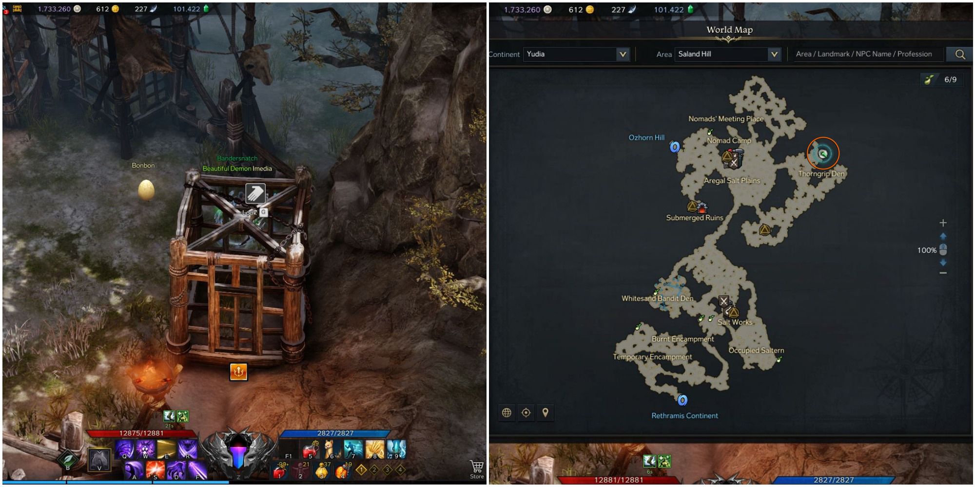 Split image of a player standing behind a cage in Thorngrip Den and a map of Saland Hill