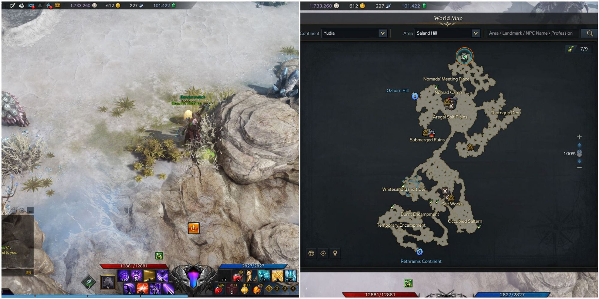 A split image of a player beside a mokoko seed in aregal salt plains and a map of Saland Hill