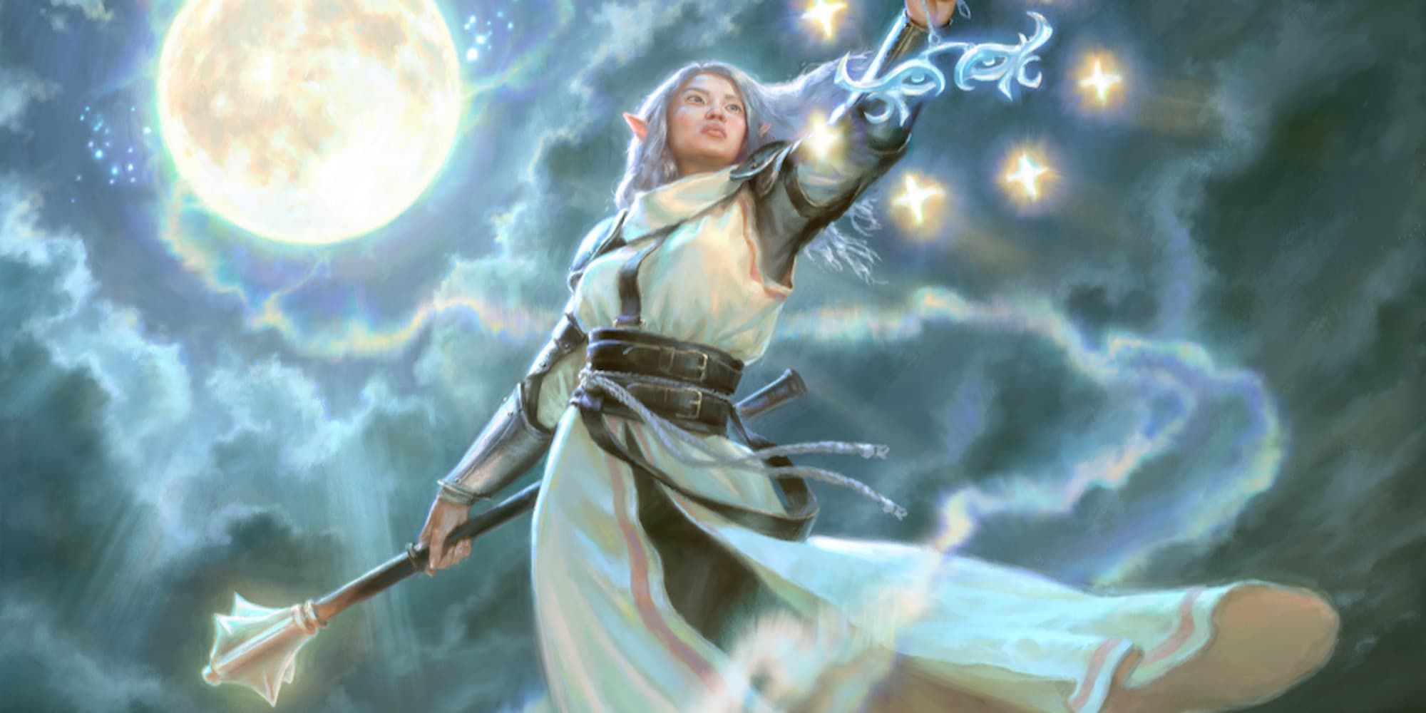 A cleric with a mace and casting a spell, lit by a full moon behind them