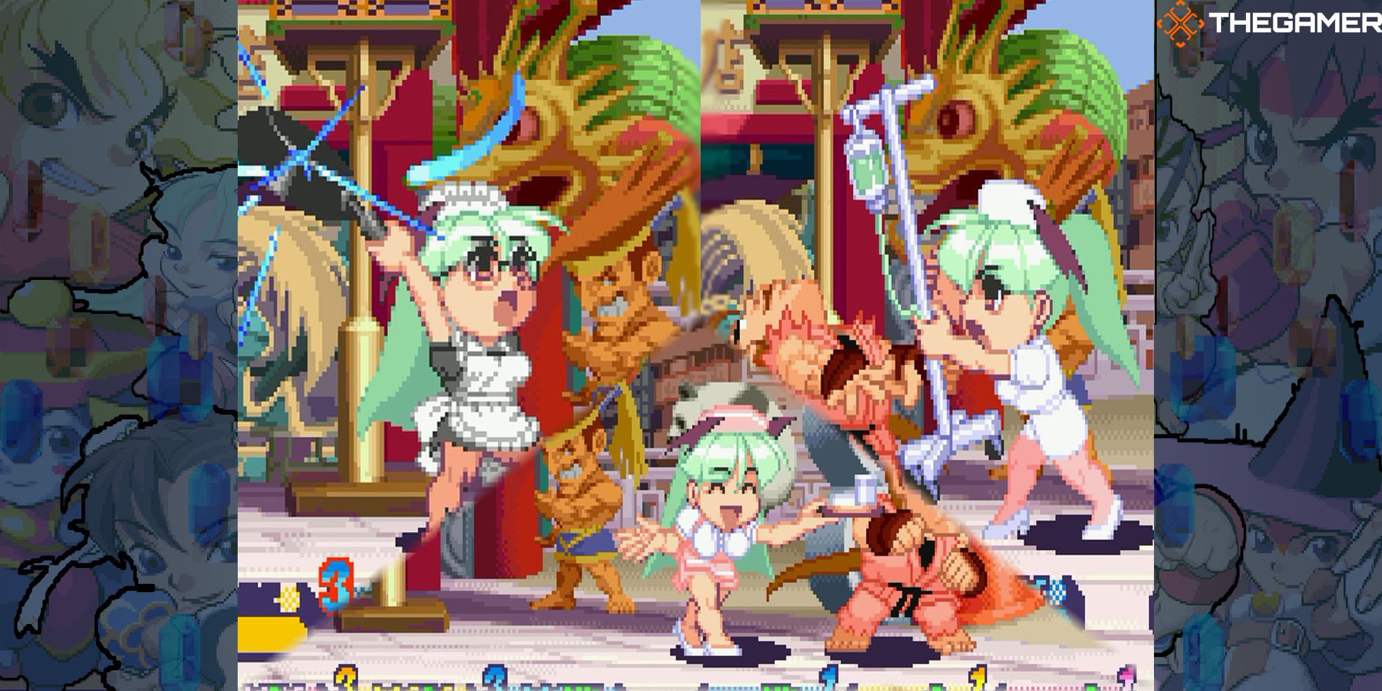 Three-split Image. [Left Panel] Morrigan plays a clumsy maid. [Bottom Panel] Morrigan plays a peppy server. [Right Panel] Morrigan plays a pushy nurse. Pocket Fighter.