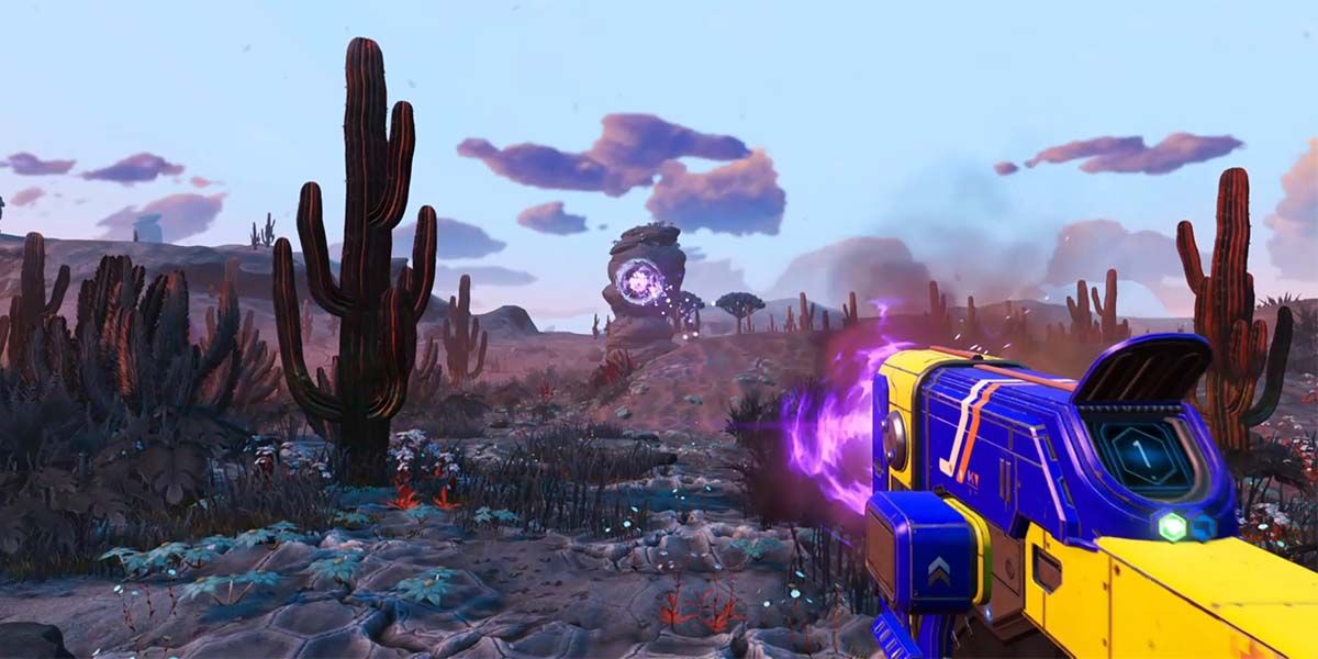 The player in No Man's Sky using the Neutron Cannon Multi-Tool weapon, which uses carbon to emit blasts of purple energy. Furthermore, you can charge up this gun to shot out 11 blasts all at once.