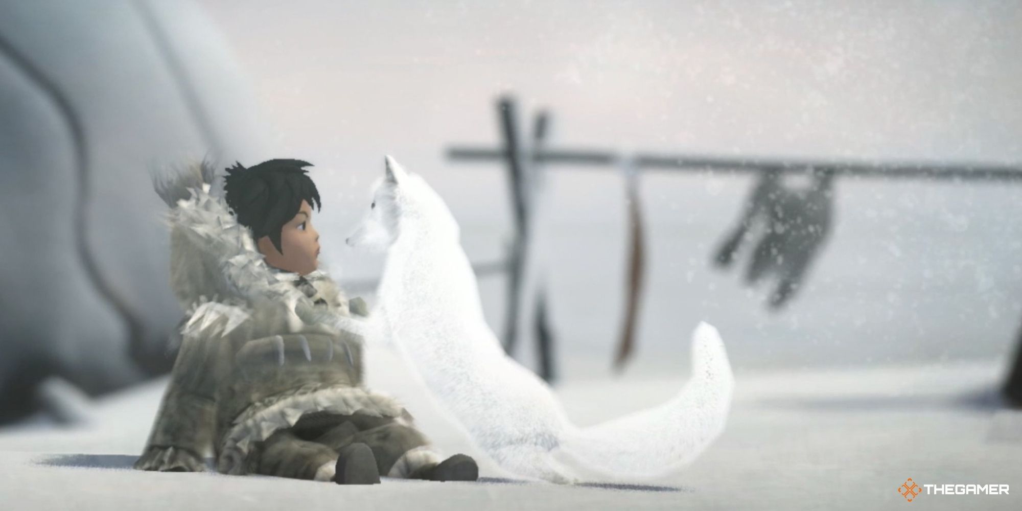 Never Alone - Nuna sitting on the snow with her fox companion