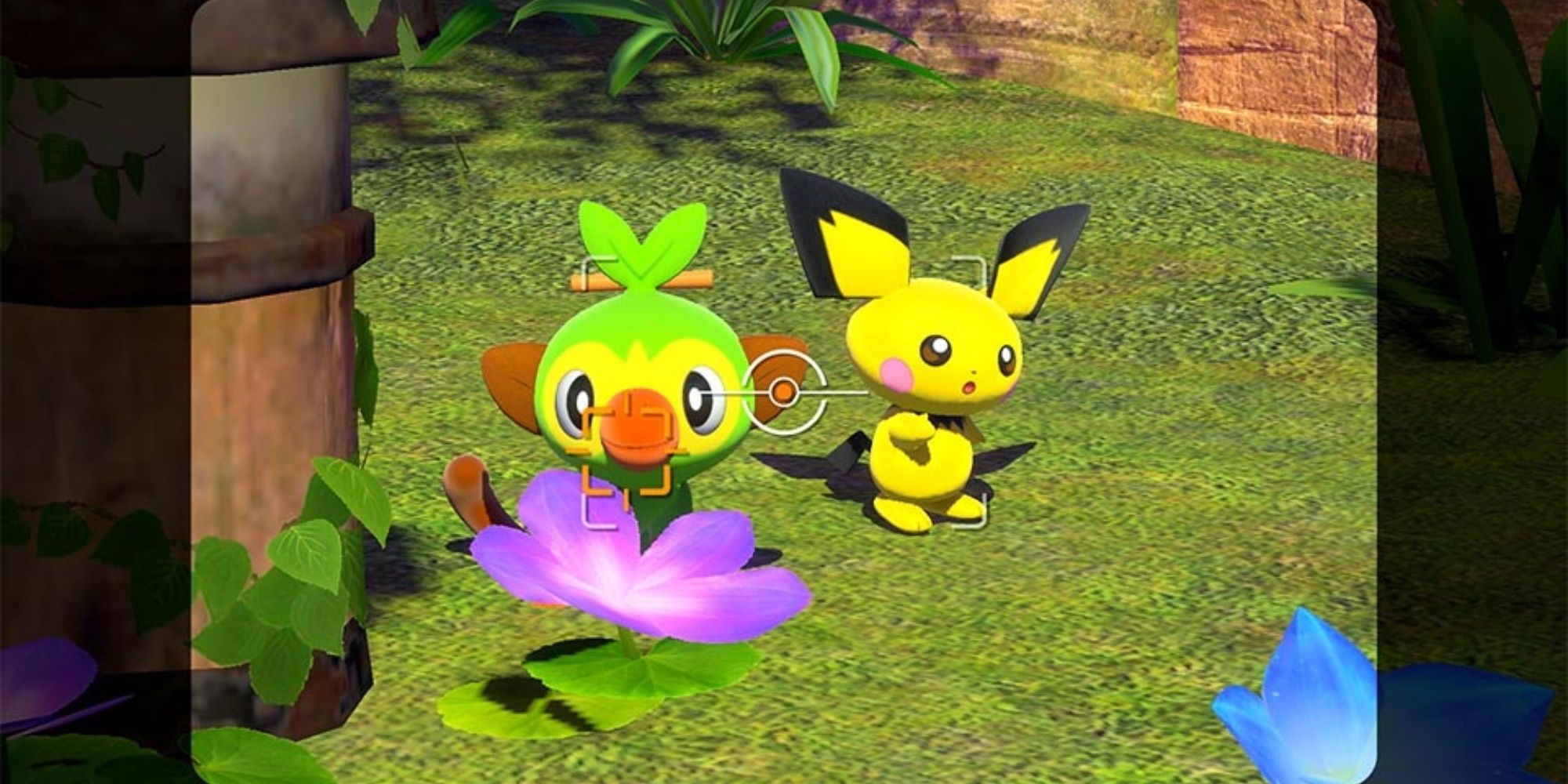 Grookey and Pichu in the video game New Pokemon Snap.