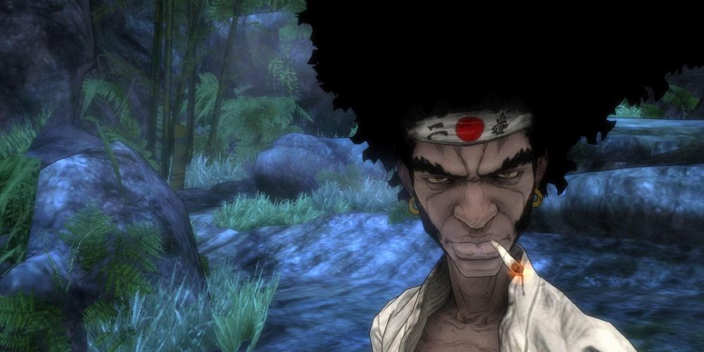 a close up of the video game version of Afro from Afro Samurai stood on the right side of the frame with a cigarette in his mouth and a darkened forest in the background