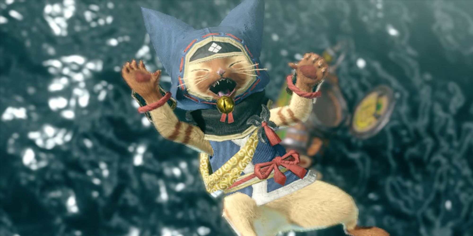 a mid shot of a Palico flying through the air with its eyes closed and mouth open 