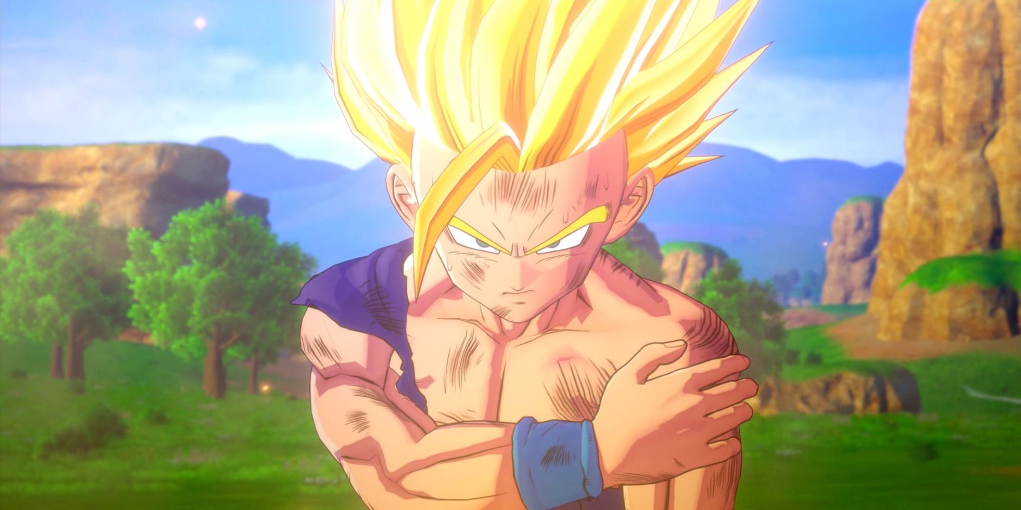 a close up of Gohan from Dragon Ball Kakarot holding his injured shoulder with grassy plains and mountains in the background