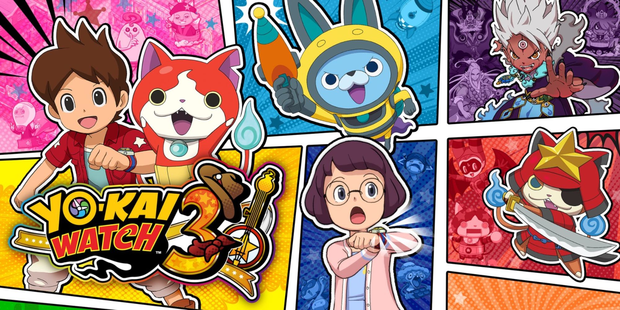 the promotional art for Yo-Kai Watch 3 featuring its characters including Hailey and Nathan split up into different coloured boxes