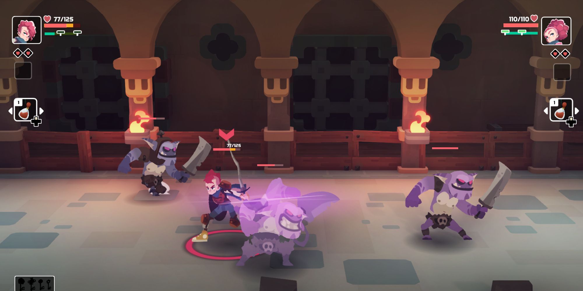 a wide shot of Tristan from Young Souls wielding a sword and fighting three goblins with his and Jenn's health at the top left and right of the frame