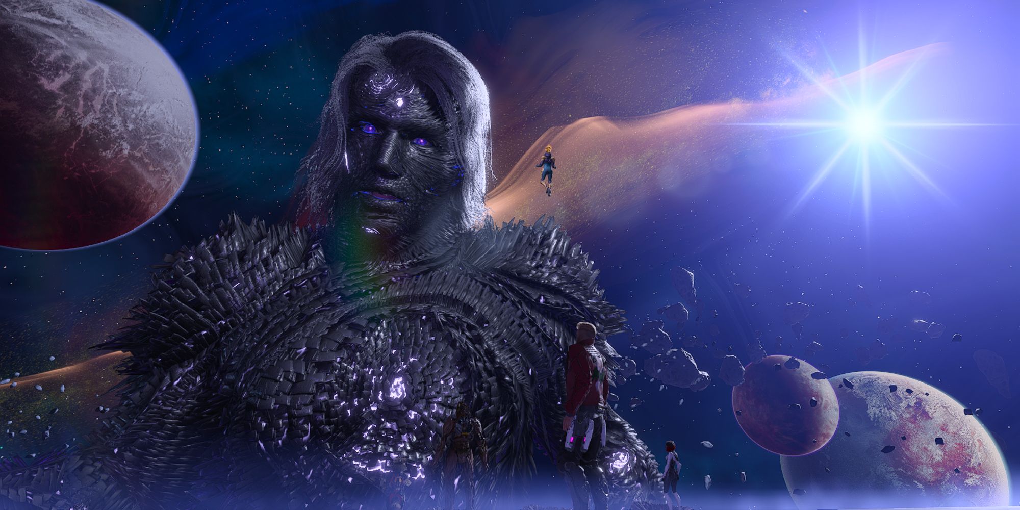 a wide shot of evil Adam Warlock from Guardians of the Galaxy looming space in front of planets