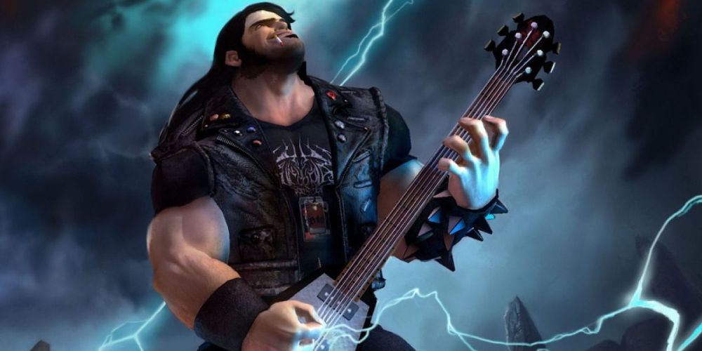 a mid shot of Eddie Riggs from Brutal Legend playing guitar while a storm rages in the background