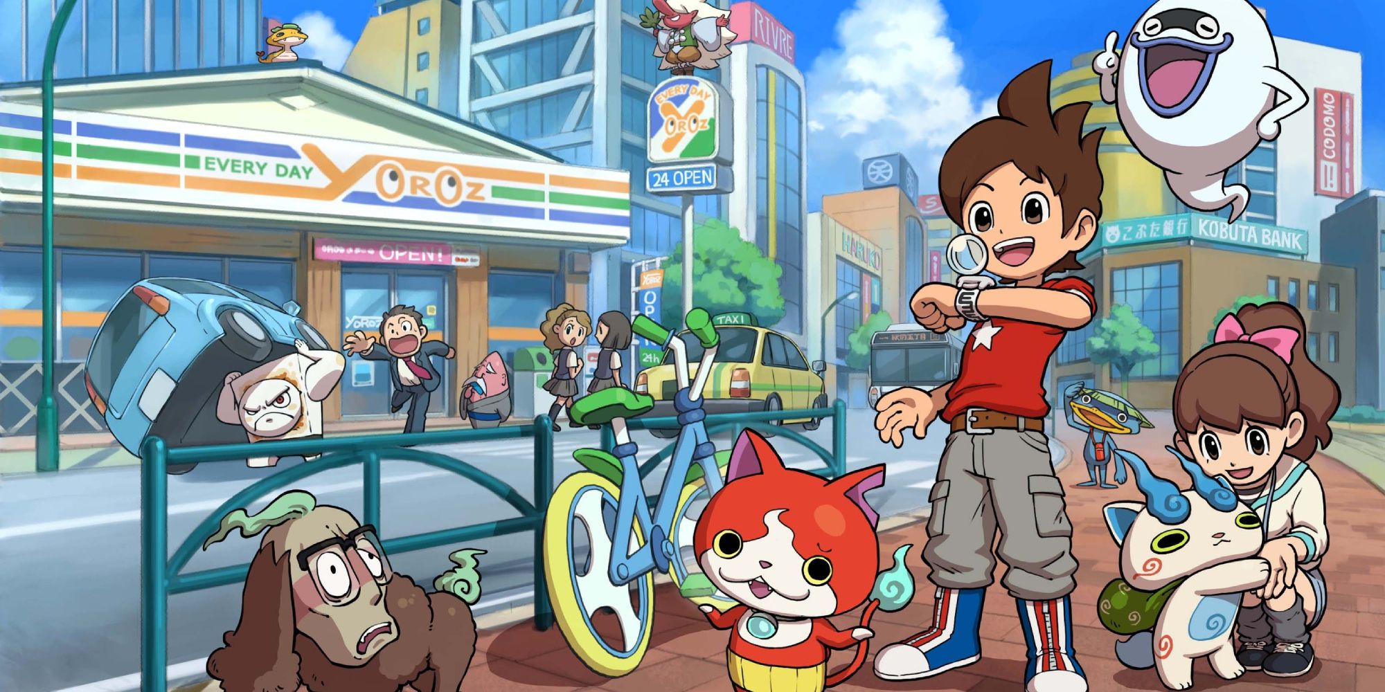 promotional art for the game Yo-Kai Watch featuring Nathan Adams stood in front of a street while vairous yokai roam around