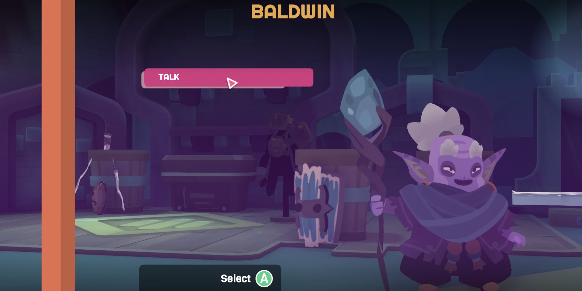 a wide shot of Baldwin from Young Souls stood to the right of the frame holding his staff with the option to talk to him to his left and his name at the very top