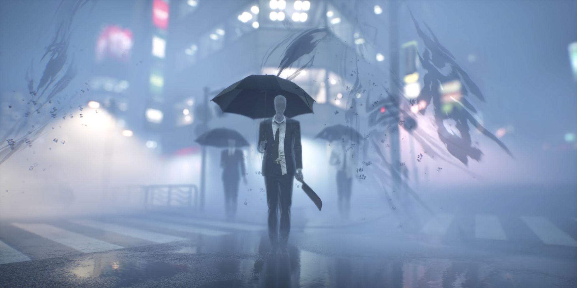 a wide shot of multiple spirits in suits and carrying umbrellas walking towards the camera with a foggy city behind them