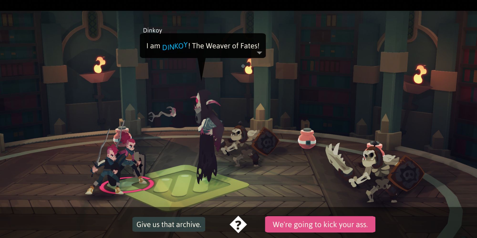 a wide shot of Jenn and Tristan from Young Souls facing against Dinkoy and his minions with two dialogue options at the bottom of the screen