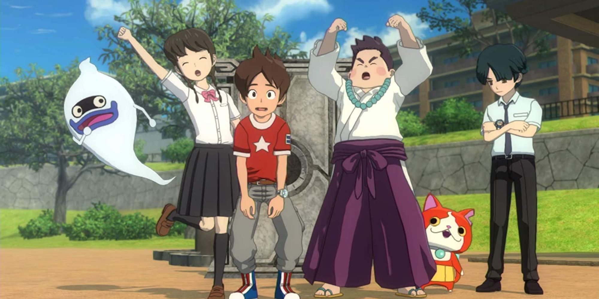 a wide angle shot of the main characters from Yo-Kai Watch 4 including Nathan Adams in front of a stone tablet with Jibanyan and Whisper