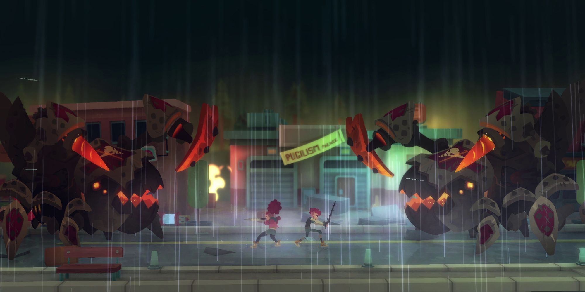 a wide shot of Jenn and Tristan from Young Souls facing off against two giant robots on a rainy dark night