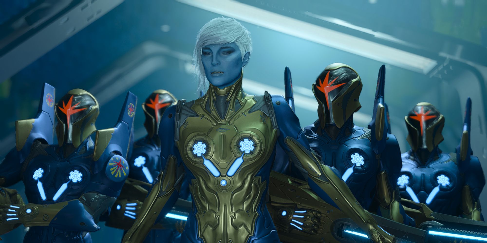 a wide shot of Ko-Rel from Guardians of the Galaxy stood in front of Nova soldiers with her arms spread out wide