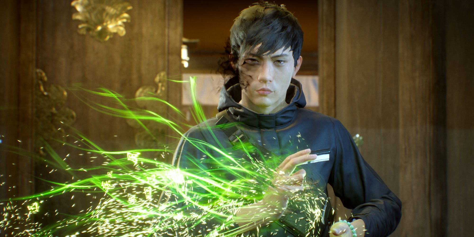 a mid shot of the protagonist of Ghostwire: Tokyo, Akito, stood in front of a door with green magic swirling around his hands