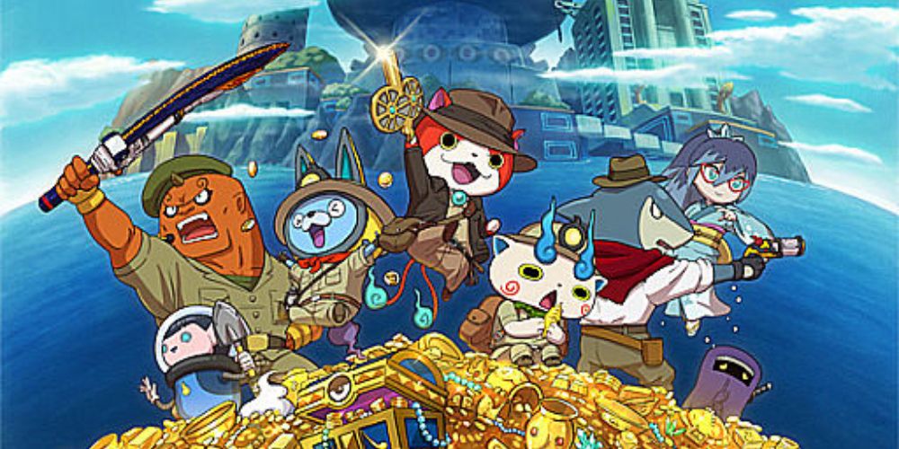 promotional art for the game Yo-kai Watch Busters 2: Secret of the Legendary Treasure Bambalaya featuring its main characters lined up in front of a row of treasure with the sea behind them