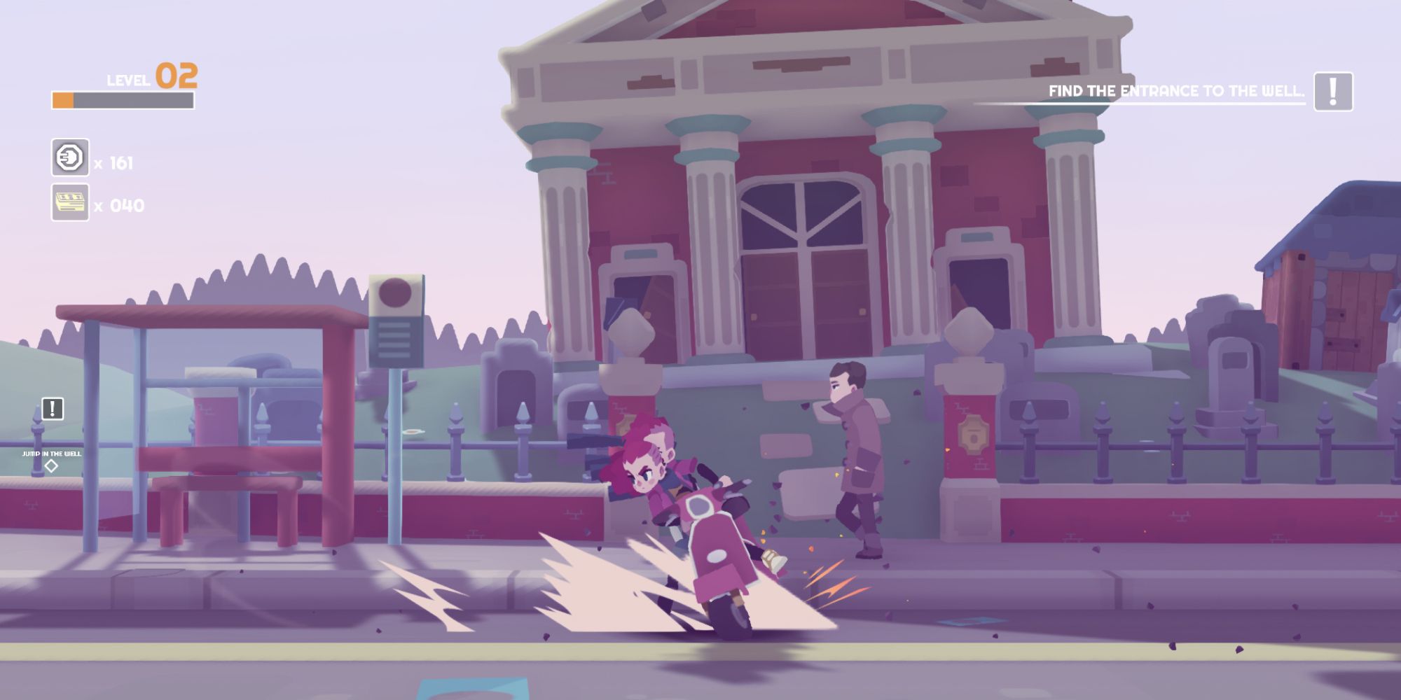 a wide shot of Jenn and Tristan from Young Souls riding on a moped in front of a distant building, passer-by and bus stop