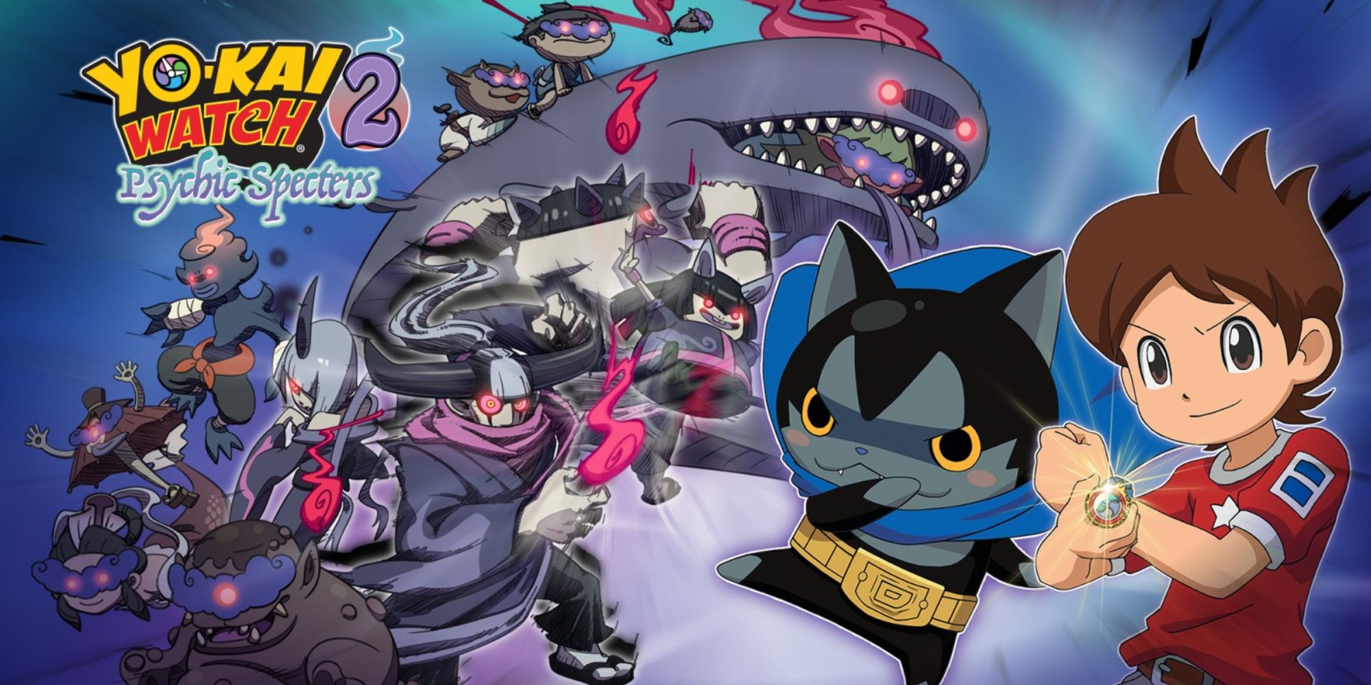 promotional art for Yo-Kai Watch 2 Psychic Spectres featuring Nathan Adams on the right and various evil Yo-Kai beneath the game's logo 