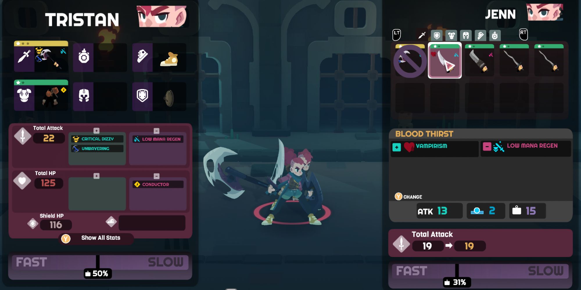 a shot of Tristan and Jenn wielding large weapons with their inventory menus on the right and left of the frame