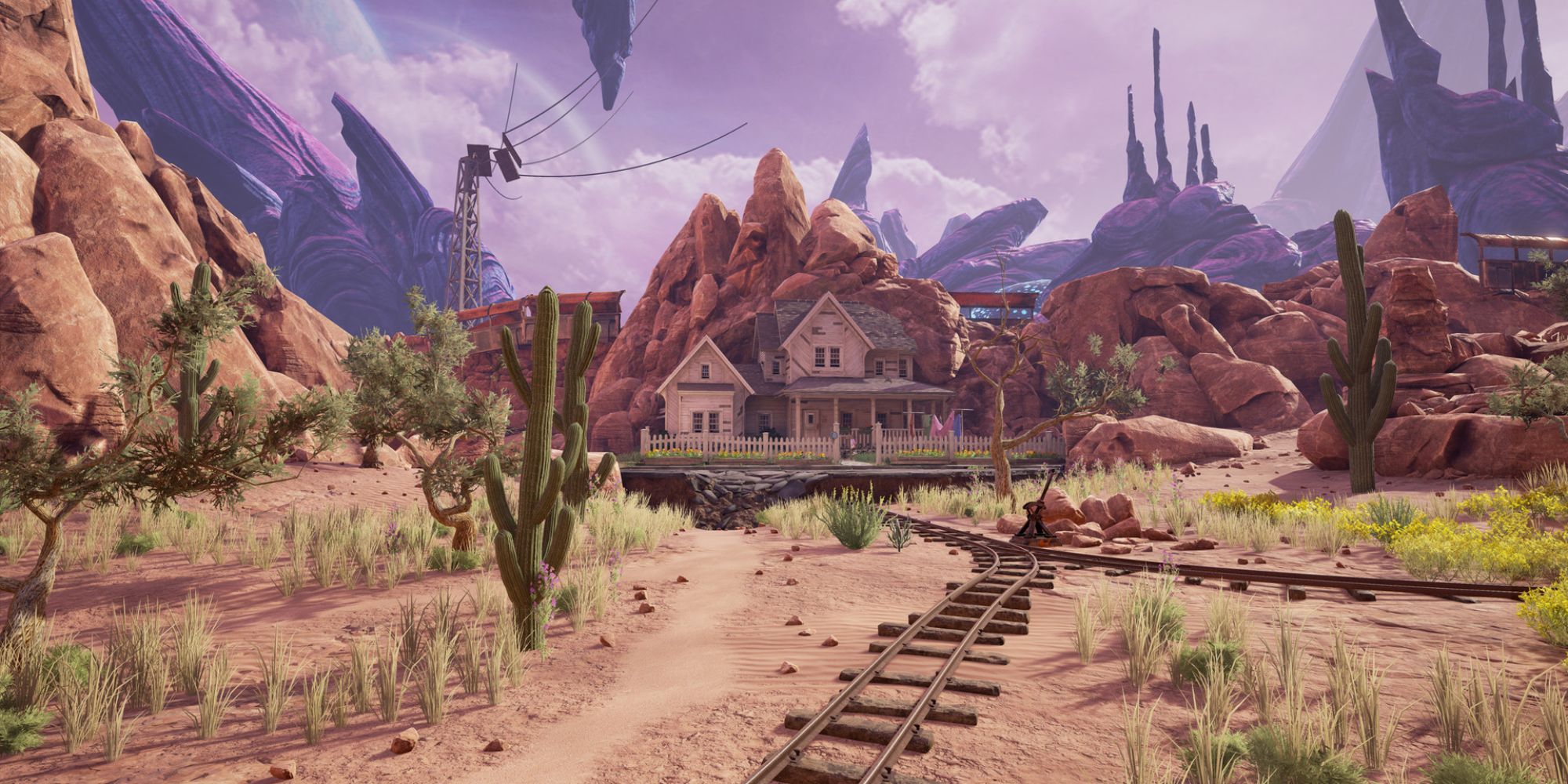a wide shot of a house in a desert with a train track going towards it and strange happenings in the sky above