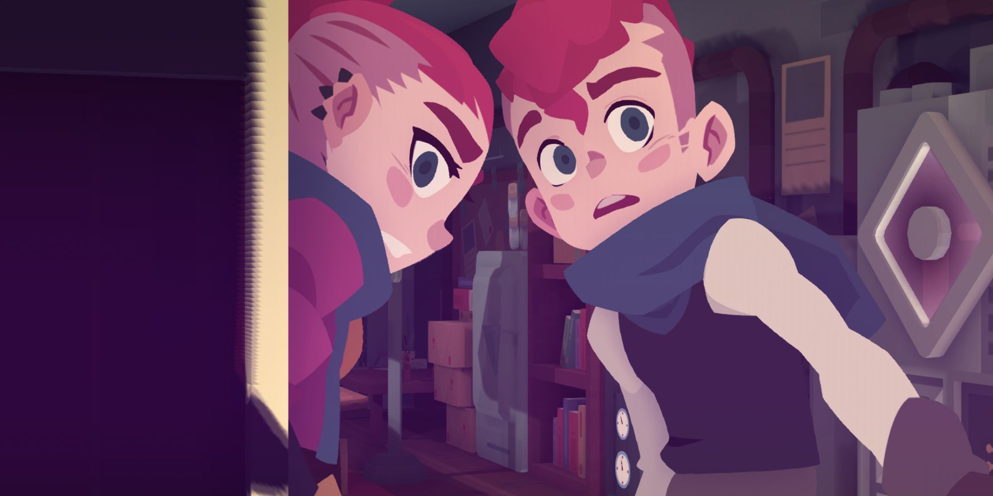 a midshot of Jenn and Tristan from Young Souls looking shocked as they open a door with various books and pieces of equipment behind them