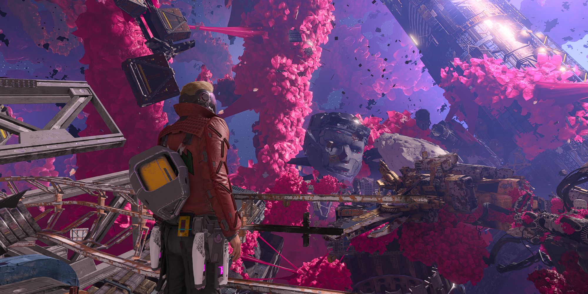 a wide shot of Peter Quill from Guardians of the Galaxy looking out across the Quarantine Zone