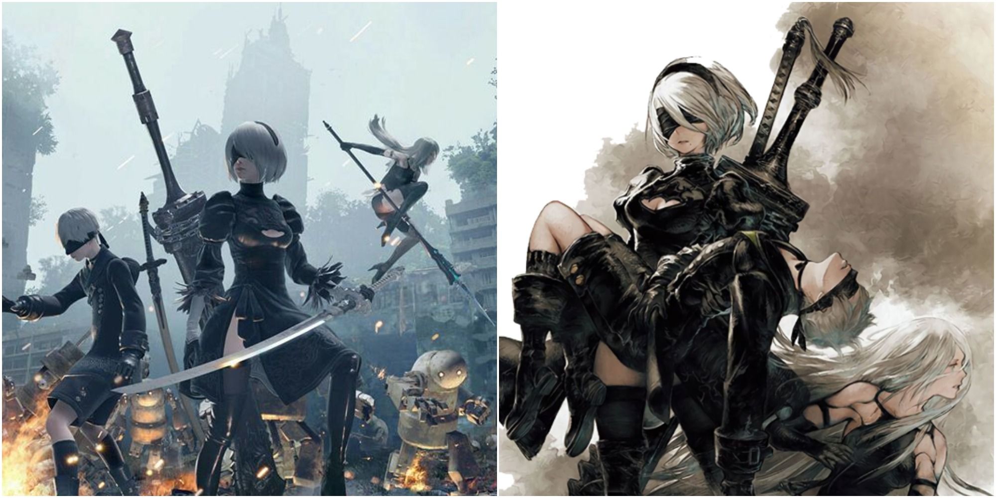 Nier Automata - Both Covers showing 2B, 9S, A2, and some machines