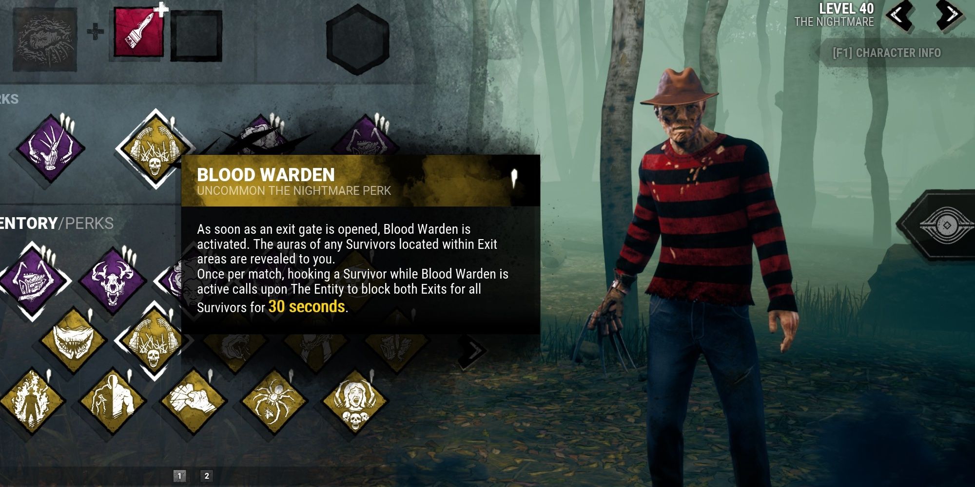 Blood Warden is a Nightmare teachable perk available at level 40 on his Bloodweb. At max rank, it blocks the exit after you hook somebody after the exit door has been powered for 60 seconds.