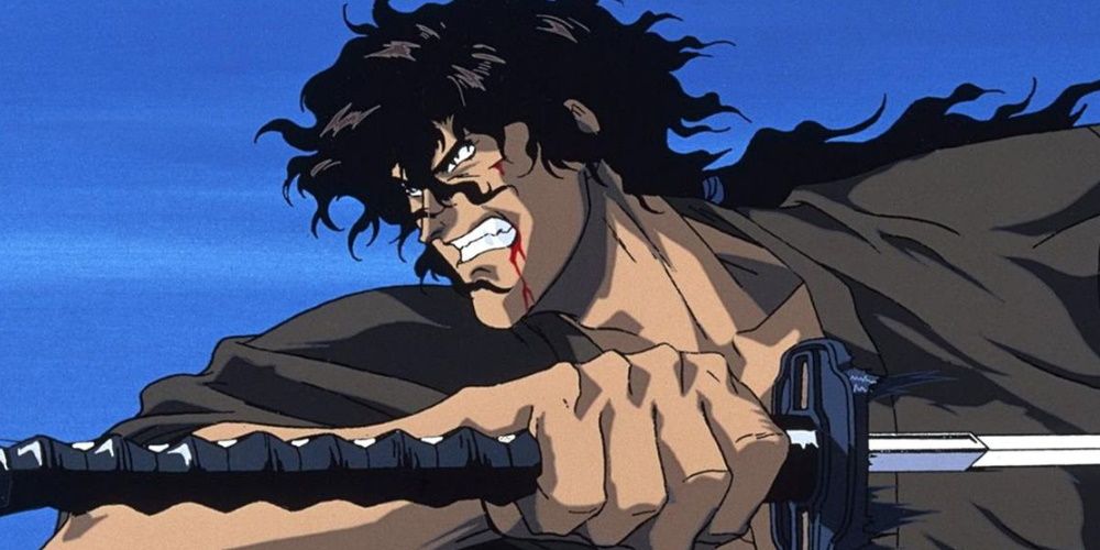 Ninja Scroll Anime, Jubei lunges forward preparing to slash with his katana