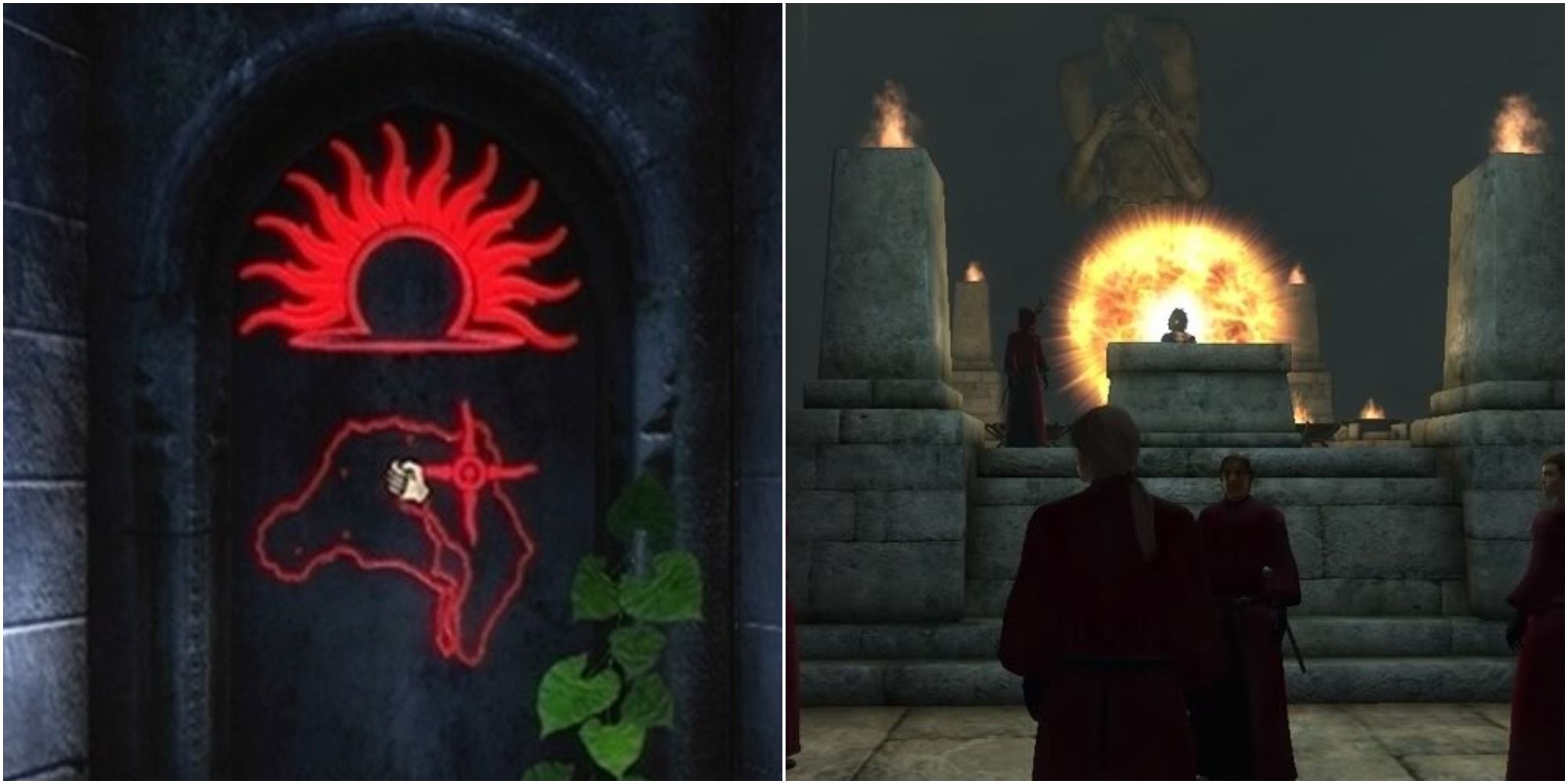 A symbol on a tomb door (left) that reveals the location of the Mythic Dawn's hideout (right)