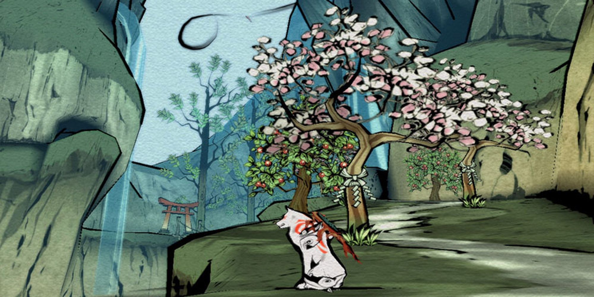 Amaterasu from Okami HD sitting in front of a cherry blossom tree