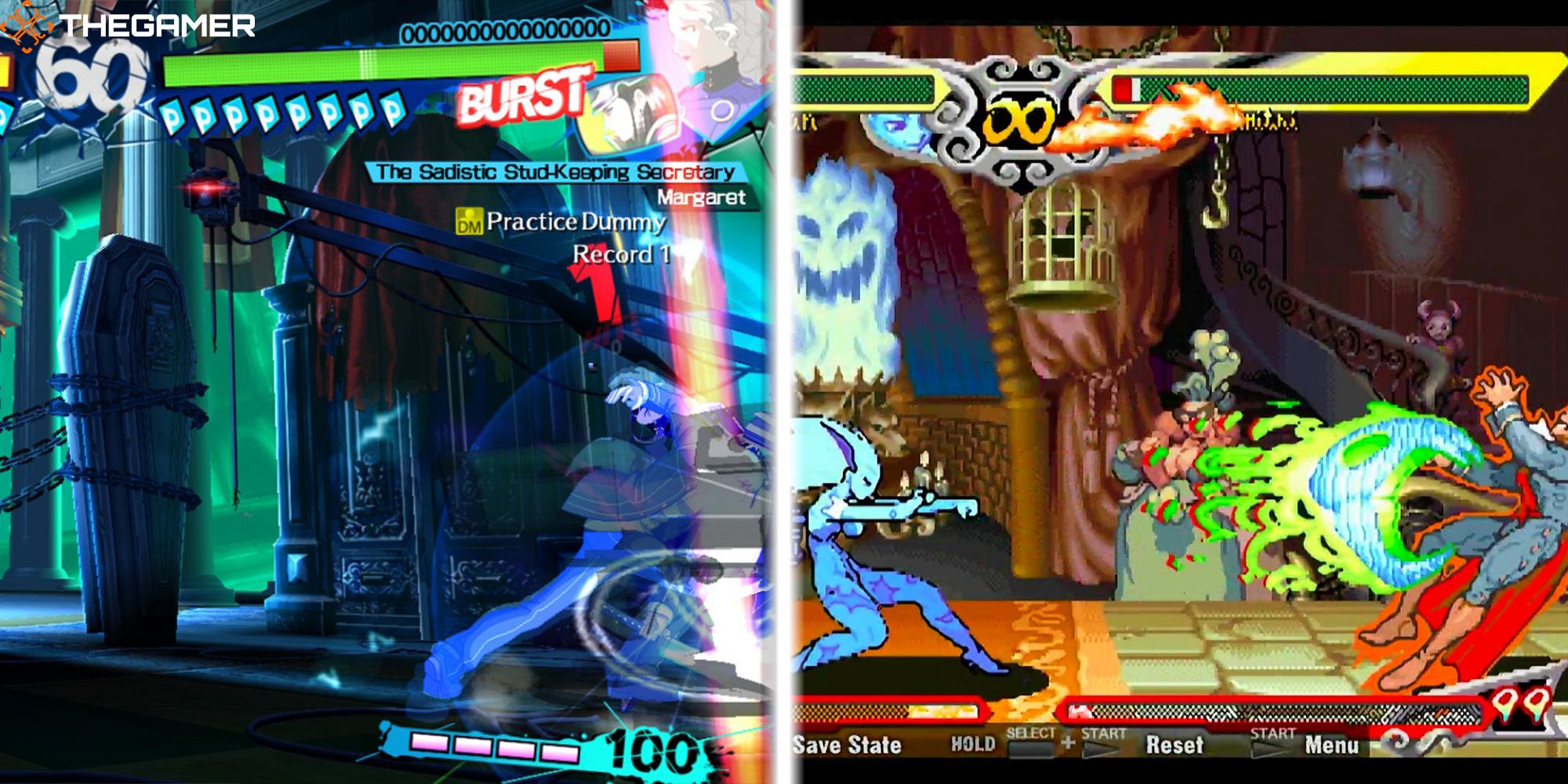 [Left Panel] Yu hits Margaret with an skill boosted Heroic Bravery attack. Persona 4 Arena Ultimax. [Right Panel] Morrigan hits Demitri with an EX Soul Fist attack. Darkstalkers Resurrection.