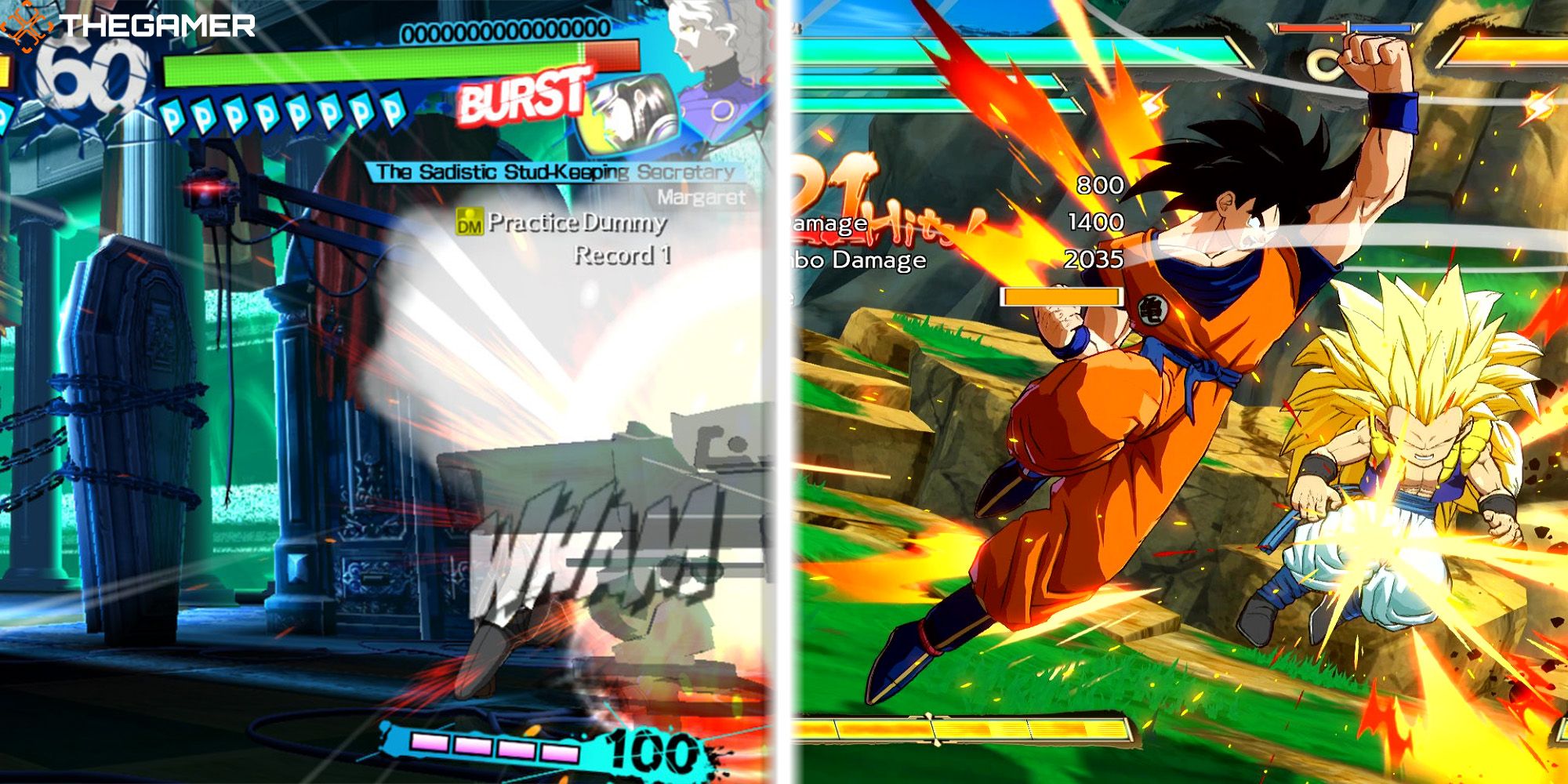 [Left Panel] Yu assaults Margaret with an All-Out Rush attack. Persona 4 Arena Ultimax. [Right Panel] Goku launches Goken with a Dragon Rush attack. Dragonball FighterZ.