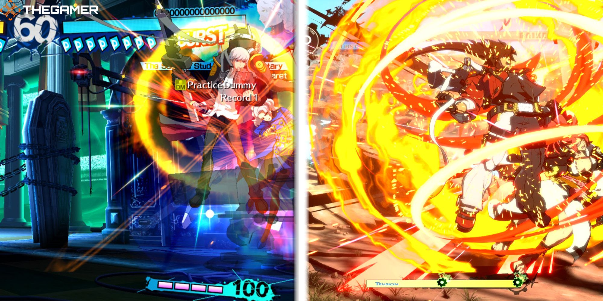 [Left Panel] Yu knocks Margaret back with a Burst. Persona 4 Arena Ultimax. [Right Panel] Sol knocks back Baiken with a Burst. Guilty Gear Strive.