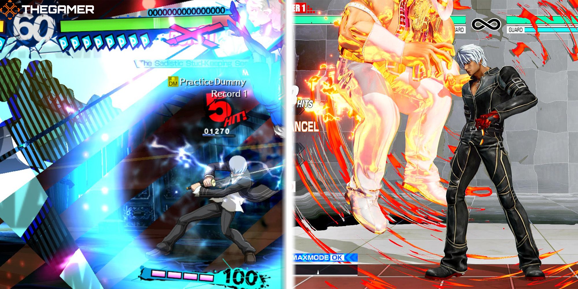 [Left Panel] Yu performs a super cancel in a battle against Margaret. Persona 4 Arena Ultimax. [Right Panel] K' uses a super cancel against Maximov at the Training Stage. The King Of Fighters 15.