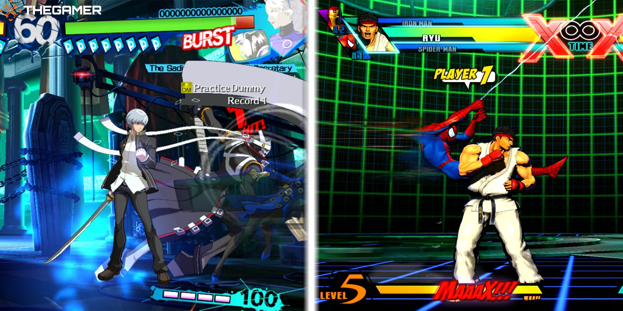 [Left Panel] Yu summons his persona, Izanagi, to attack Margaret. Persona 4 Arena Ultimax. [Right Panel] Ryu calls in Spiderman, who assists with a Web Swing attack. Ultimate Marvel VS. Capcom 3.