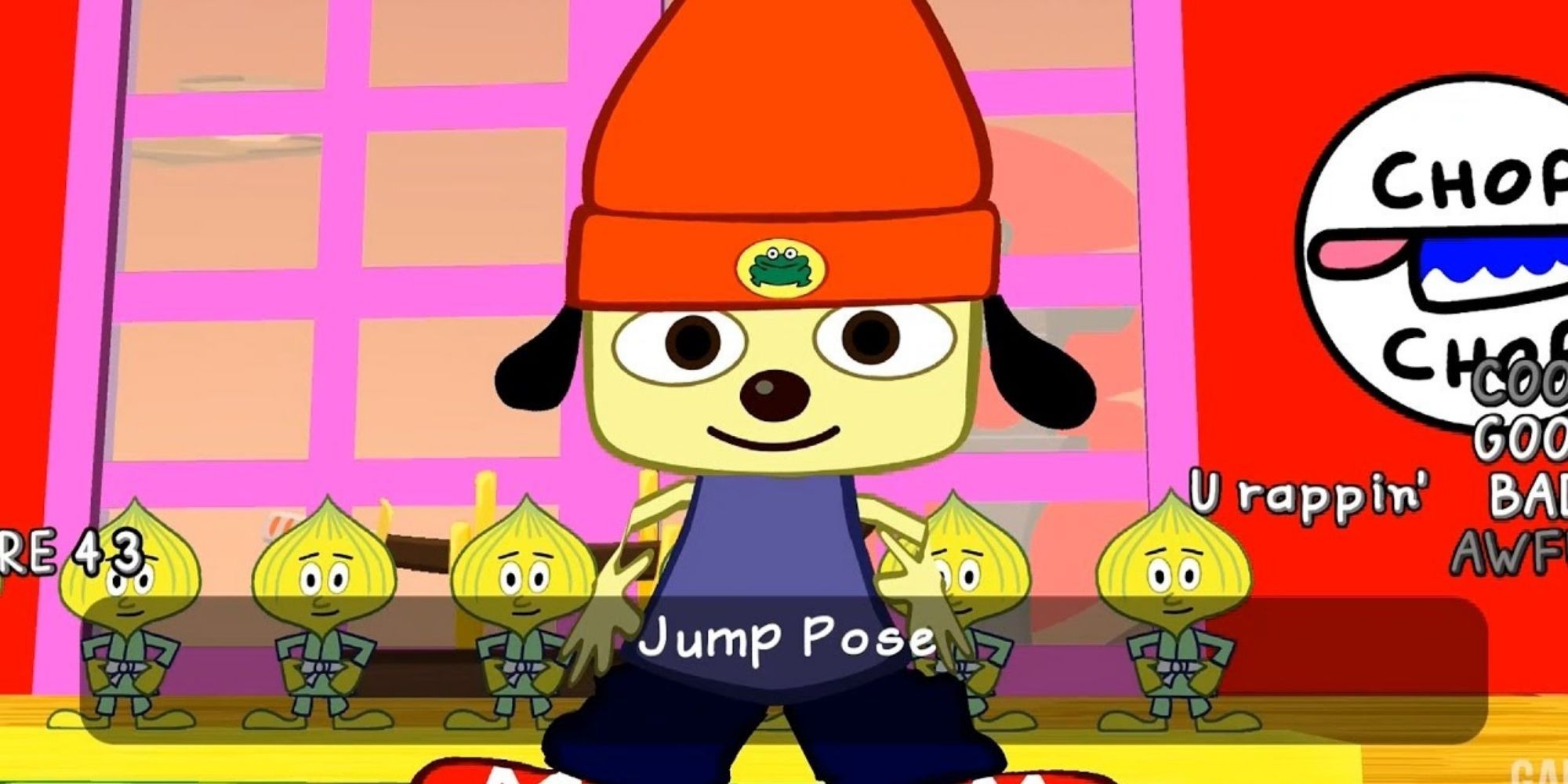 PaRappa The Rapper Learning Karate In The Chop Chop Dojo Standing In Front Of Onion Kids