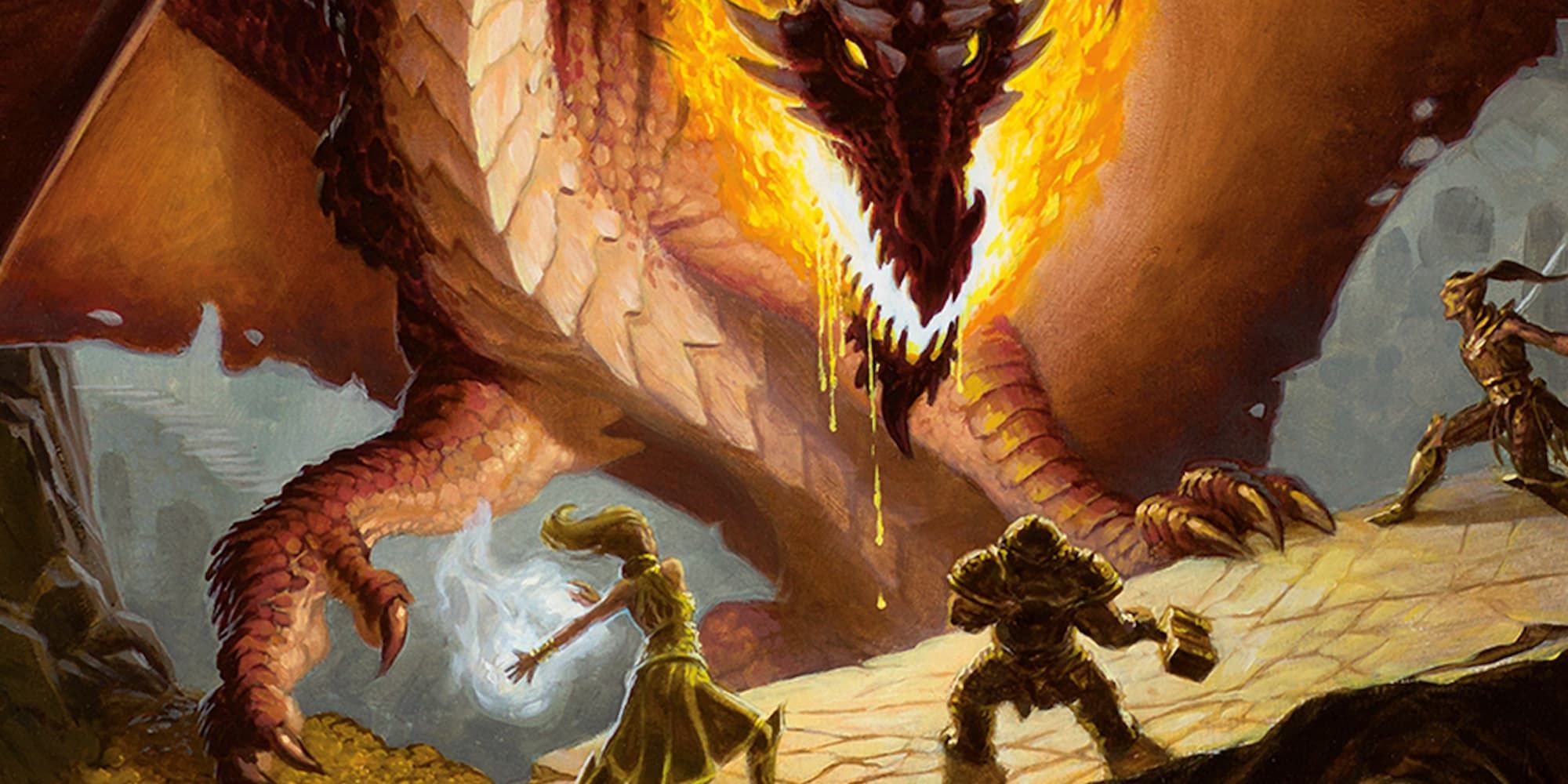 A group of D&D adventurers fighting a dragon which is about to breathe fire