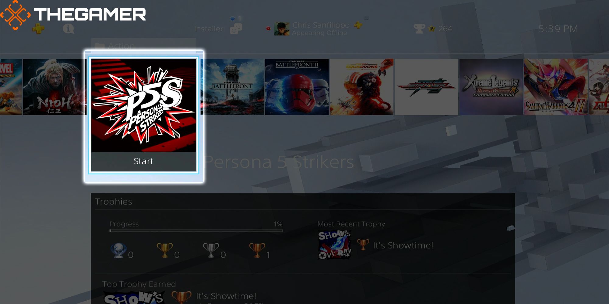 The Persona 5 Strikers Start Icon, in the Action Folder of Chris's Sad PS4 Home Page.