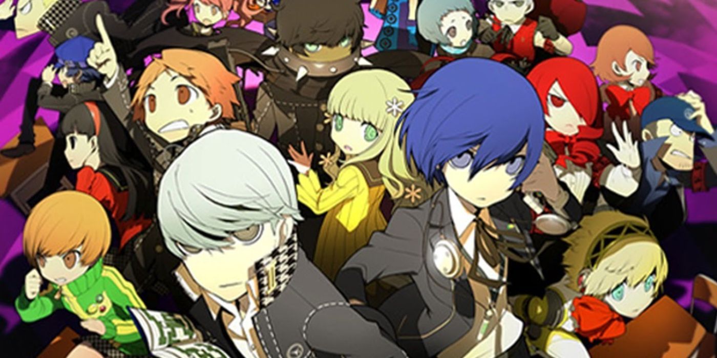 The Persona 3 and 4 casts on the cover art of Persona Q