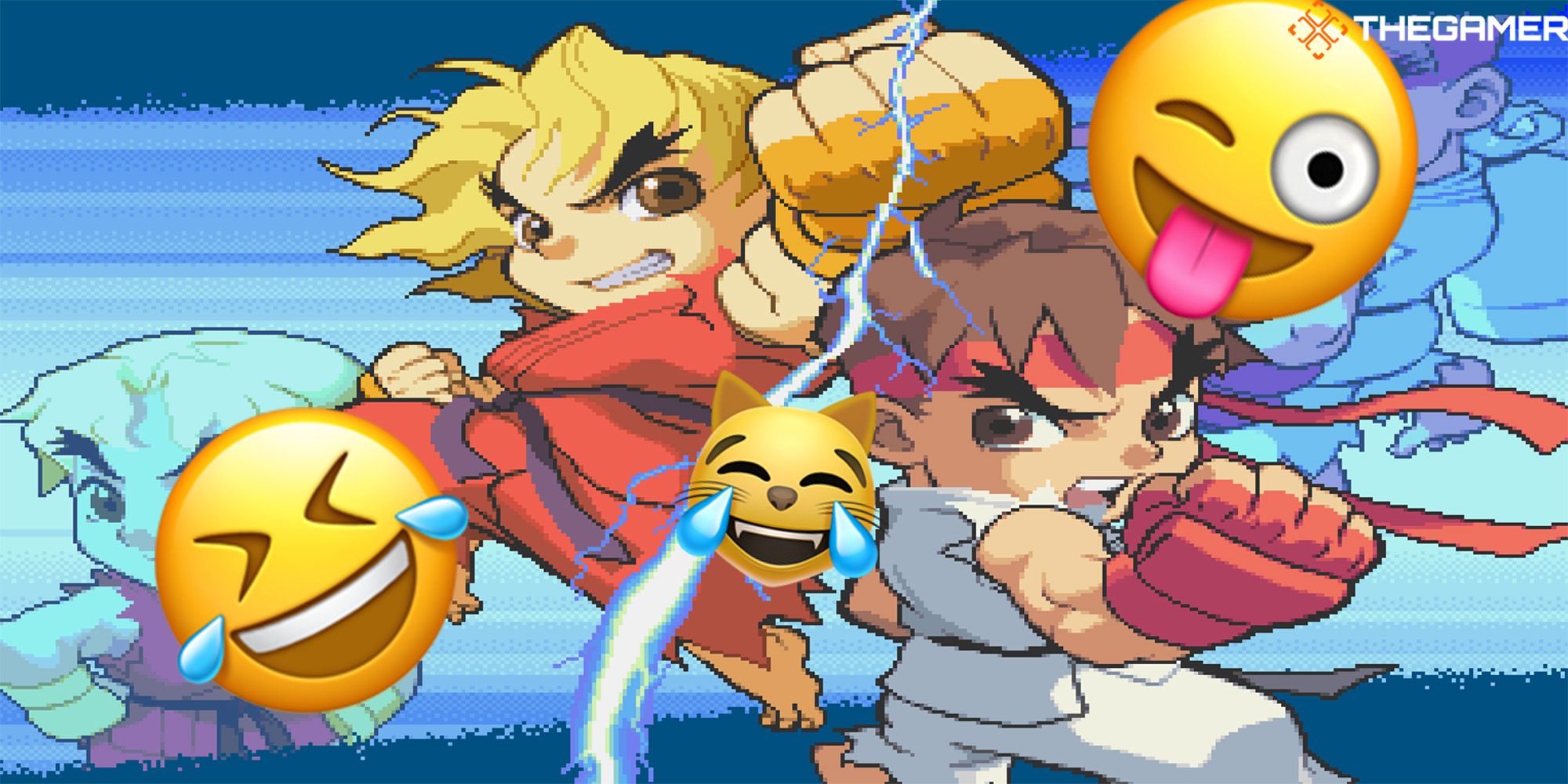 Ken and Ryu punch in front of a blue backdrop with a lightning bolt between them. Laughing emojis are scattered across the picture. Custom Image. Pocket Fighter.