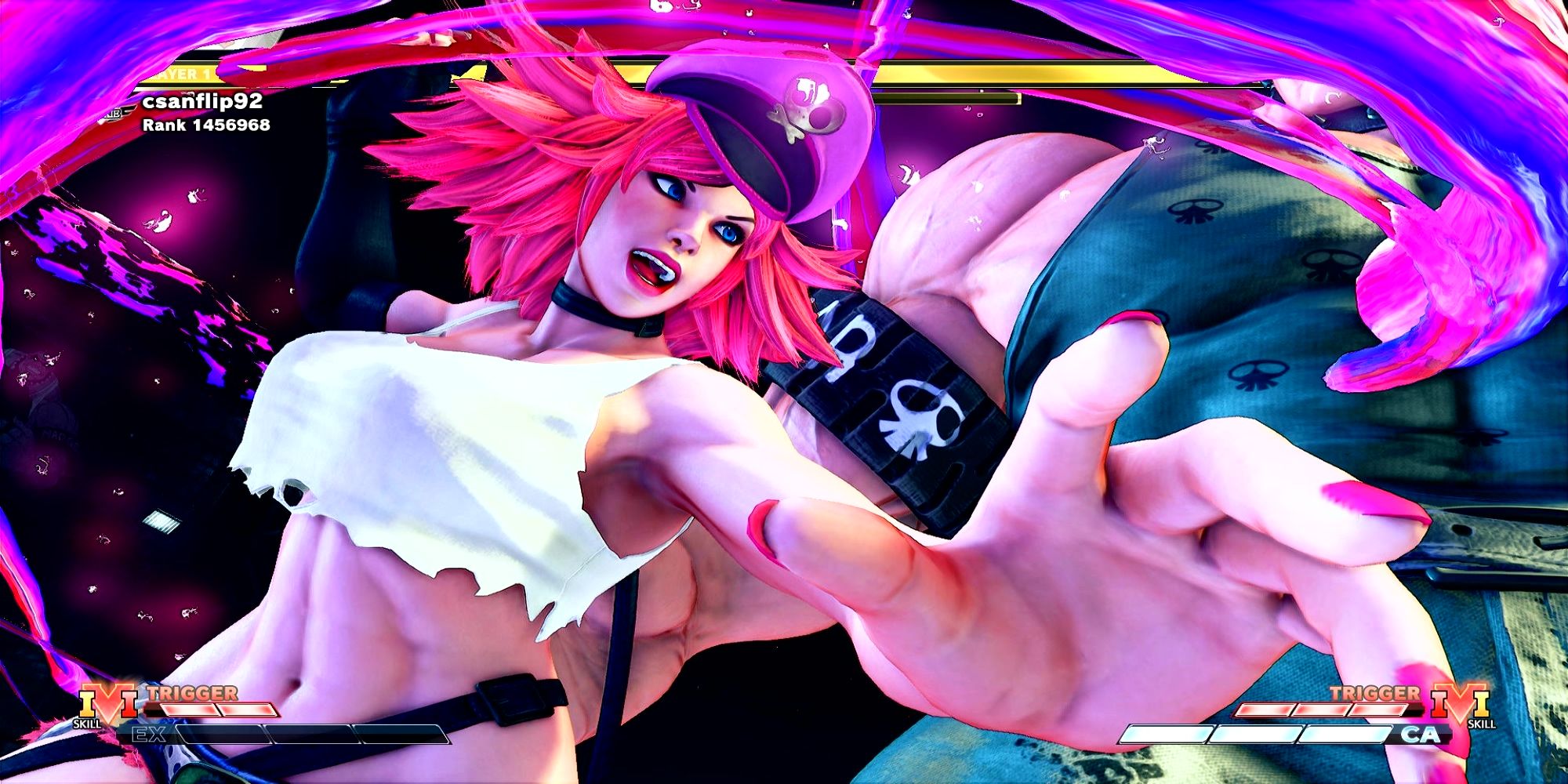 Poison gets ready to hit Abigail with her Love Hurricane in a battle at the Metro City Bay Area. Street Fighter 5.